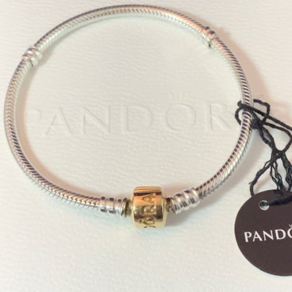 NWOT Pandora 925 and 14K Yellow Gold Signature Clasp Bracelet 7.5"/19cm RETIRED